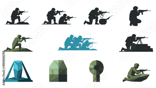 Military silhouette set: soldiers and combat equipment in flat style