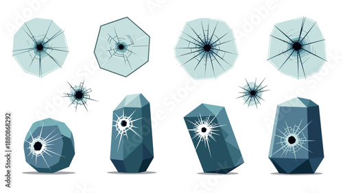 Shattered glass and bullet impact stones in geometric design