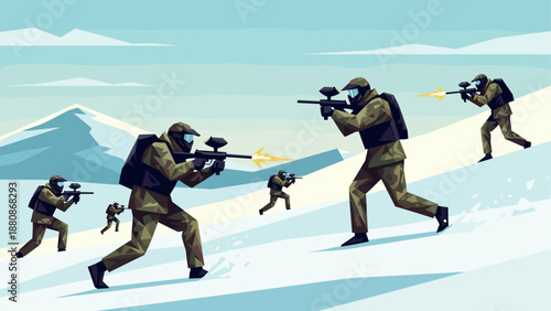 Paintball battle in snowy mountains: team adventure and strategy