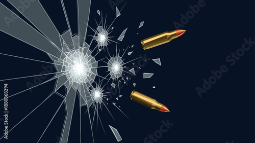 Shattered glass with bullets on dark background in dynamic composition