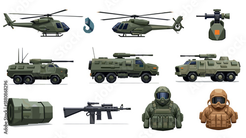 Military vehicles and equipment set featuring helicopters, armored trucks, and tactical gear in flat design