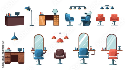 Modern salon furniture collection with mirrors and chairs for hairdressing