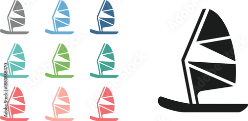 Set of windsurf sail icons in different colors and a large black windsurf sail water sport activity