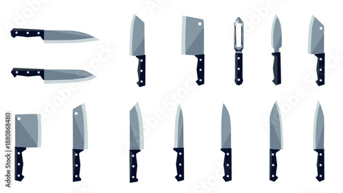 Kitchen knife collection: various blades in flat style