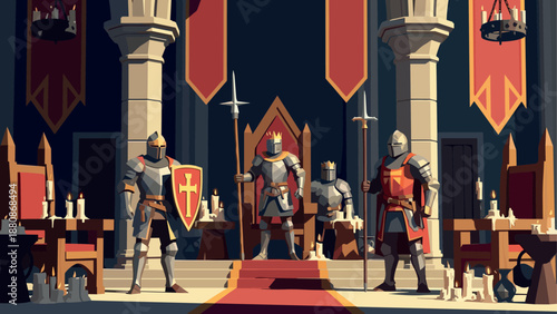 Medieval knight courtroom scene with armored royals and guards in castle interior