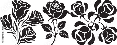 Set of vintage black rose flower silhouettes with leaves and stems isolated on white.