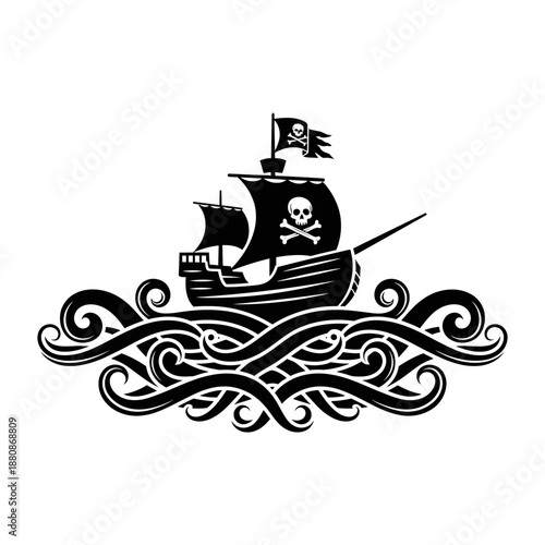 Schilderij op canvas Stunning black and white pirate ship crest sailing over ornate swirling ocean wa