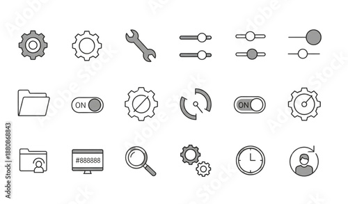 Minimal settings icons vector set with gear wrench and sliders for modern UI