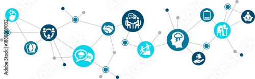 Employee mental health / workplace wellbeing vector. Blue concept with icons related to anxiety / depression / exhaustion / burnout prevention in the office, stress management, job pressure counseling