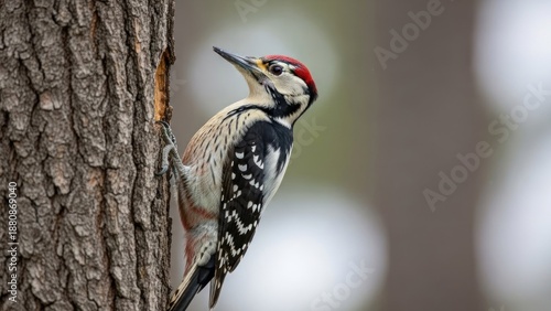A white and black bird perched on a tree trunk with a blurred background.