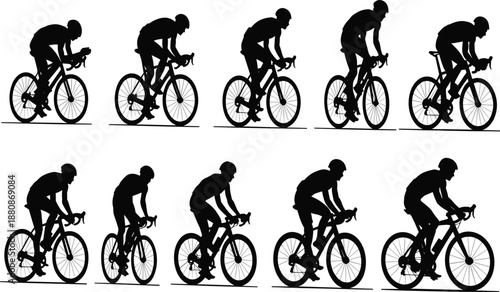 Silhouettes of a Cyclist in Motion Showing Different Stages of a Race Keywords: silhouette, cyclist, bicycle, racing, sport