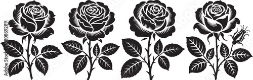 Set of four artistic black rose silhouettes with detailed stems and thorns on white background.
