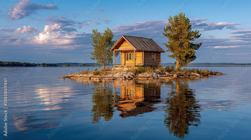 Fototapeta premium Small Wooden Cabin on a Rocky Island in a Calm Lake