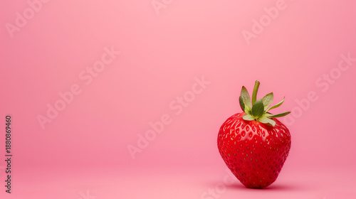 Single ripe red strawberry with green leaves on a soft pink background, studio shot