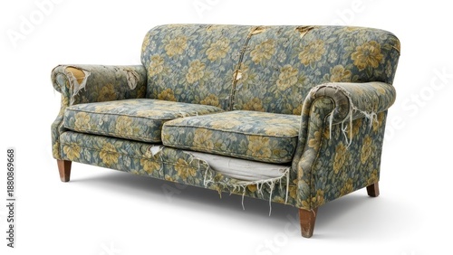 A vintage floral sofa with torn upholstery and exposed wood legs.