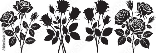 Set of elegant black rose flower silhouettes with stems and leaves on white background.