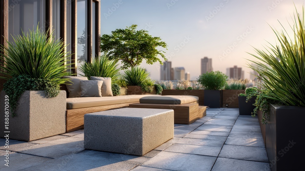 Naklejka premium Modern Luxury Rooftop Terrace with City Skyline View