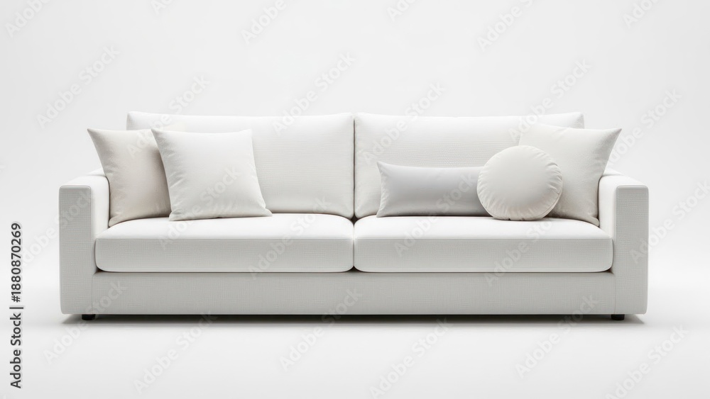 Fototapeta premium A white sofa with various white pillows on it.