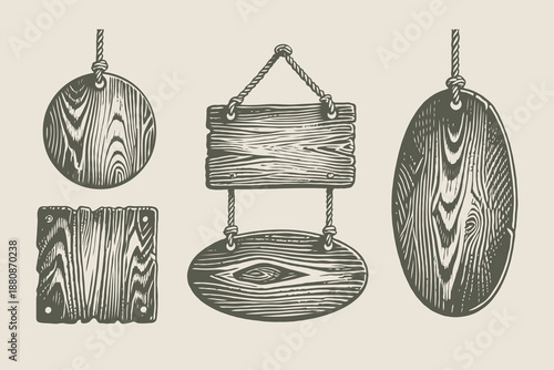 Collection of rustic hanging wooden signs drawn in engraved sketch style on beige background. Concept of retro signage and wood textures