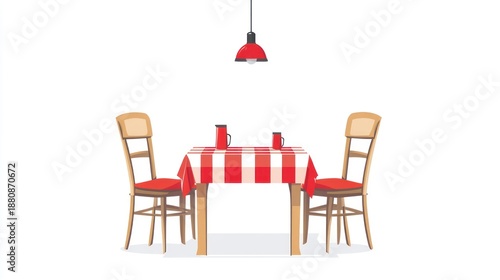 Red checkered table with two chairs and a lamp, interior scene, for restaurant design