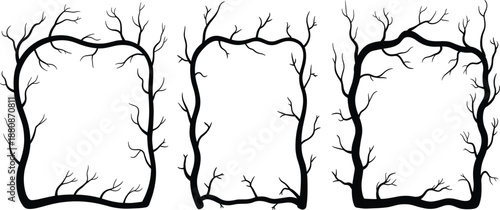 Black branch frame border set with gnarled tree twigs for spooky forest and halloween design