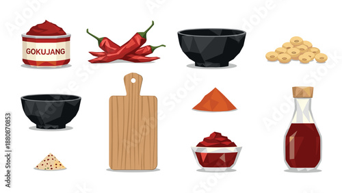 Korean cooking ingredients set: gochujang, chili, ginger, and more in flat style