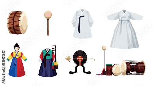 Traditional korean musical instruments and hanbok fashion in modern flat art style