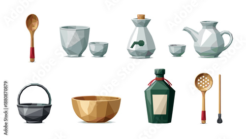 Geometric kitchenware ensemble featuring low poly tea set and cooking utensils