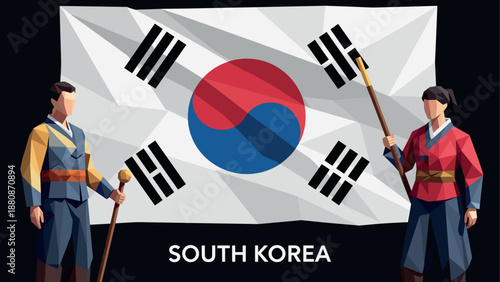 Traditional korean attire and flag with geometric art style
