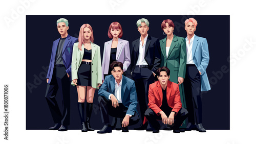 Fashionable group in stylish outfits and diverse hairstyles