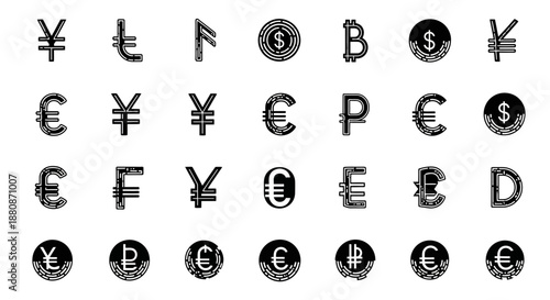 Various international currency symbols and coins on white background