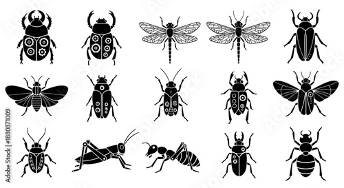 Collection of various insects in black silhouette on white background