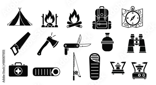 Camping and hiking icons for outdoor adventure and travel planning