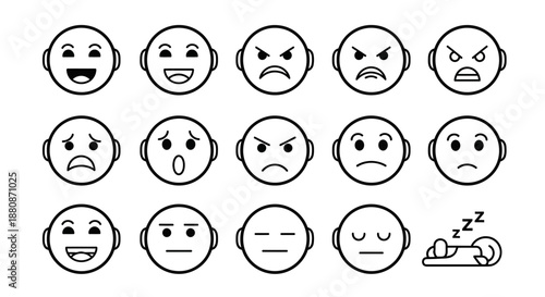 Collection of emoticon faces expressing various human emotions and reactions