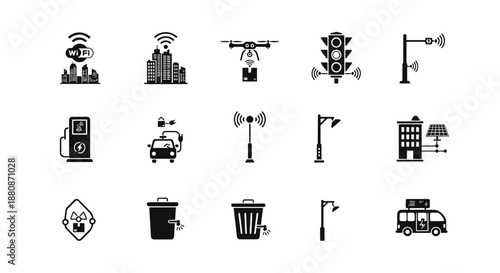 Smart city technology icons for urban infrastructure and connectivity