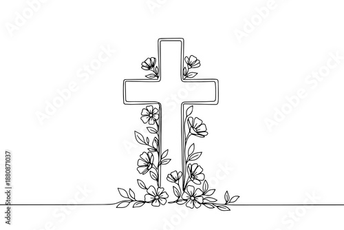 Cross icon line continuous editable drawing. One line christianity, orthodox cross.