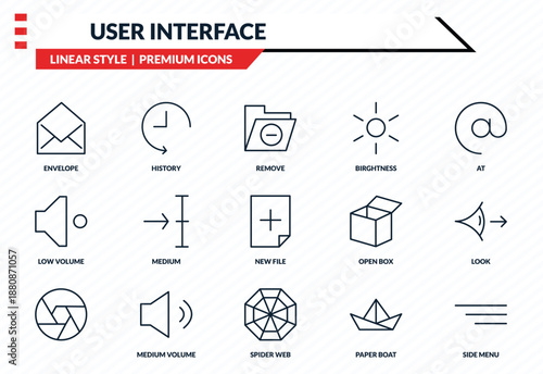 user interface icons set - envelope, history, low volume, spider web, side menu outline vector collection.
