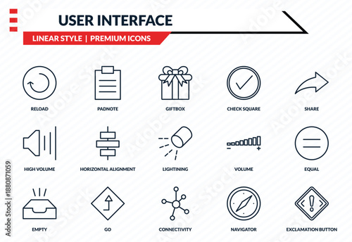 user interface icons set - reload, padnote, high volume, connectivity, exclamation button outline vector collection.