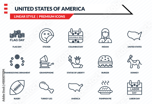 united states of america icons set - flag day, sticker, thanksgiving ornament, america, labor day outline vector collection.