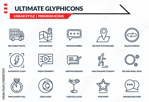 ultimate glyphicons icons set - big cargo truck, map locator, automatic flash, cocktail glass, message balloon outline vector collection.