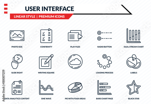 user interface icons set - photo size, confirmity, slide right, pie with four areas, black star outline vector collection.
