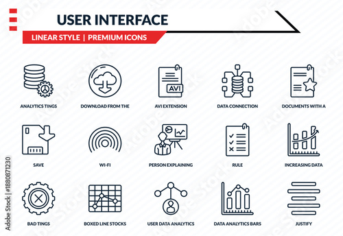 user interface icons set - analytics tings, download from the cloud, save, user data analytics, justify outline vector collection.