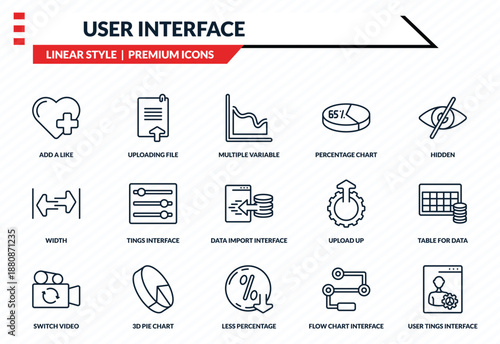 user interface icons set - add a like, uploading file, width, less percentage, user tings interface outline vector collection.