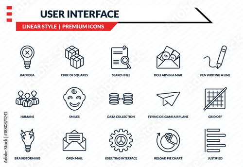 user interface icons set - bad idea, cube of squares, humans, user ting interface, justified outline vector collection.