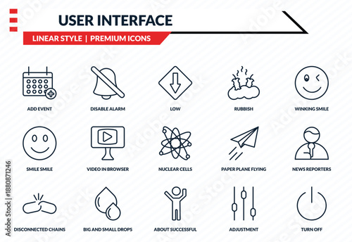 user interface icons set - add event, disable alarm, smile smile, about successful man, turn off outline vector collection.