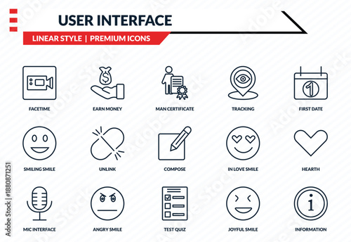 user interface icons set - facetime, earn money, smiling smile, test quiz, information outline vector collection.