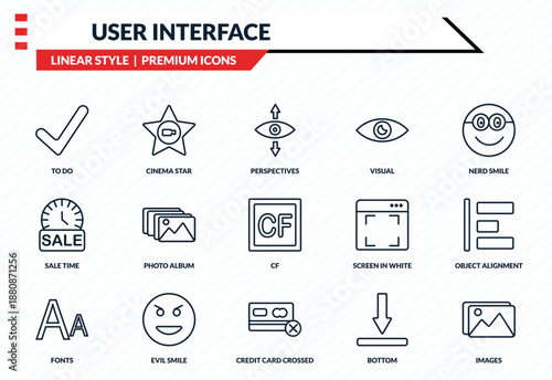 user interface icons set - to do, cinema star, sale time, credit card crossed, images outline vector collection.