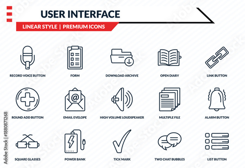 user interface icons set - record voice button, form, round add button, tick mark, list button outline vector collection.