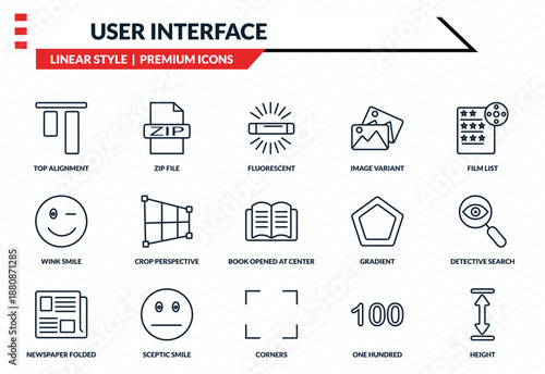 user interface icons set - top alignment, zip file, wink smile, corners, height outline vector collection.