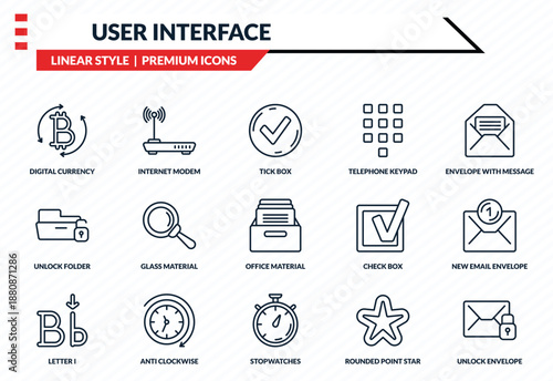 user interface icons set - digital currency, internet modem, unlock folder, stopwatches, unlock envelope outline vector collection.
